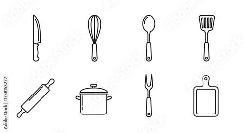 Black outline icons of various kitchen utensils including knife, whisk, spoon, spatula, rolling pin, pot, fork, and cutting board arranged in two rows.