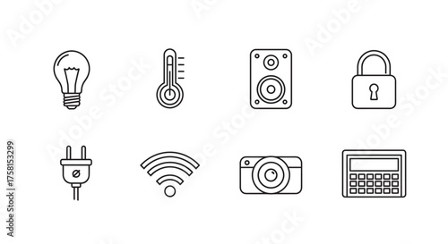 Eight black outline icons representing a light bulb, thermometer, speaker, lock, plug, wifi, camera, and calculator, each simply designed for various concepts.