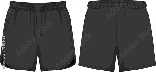Black running shorts front and back view, vector fashion flat sketch, unisex sportswear mockup, activewear design template, CAD apparel illustration