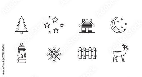 Minimalistic black outline icons including a pine tree, stars, a cabin, crescent moon, lantern, snowflake, fence, and deer for nature and outdoor themes.