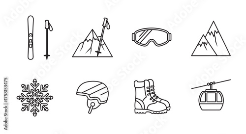 Black outline icons depicting winter sports gear including skis, mountain ranges, ski poles, snowflake, helmet, ski boots, goggles, and a cable car.