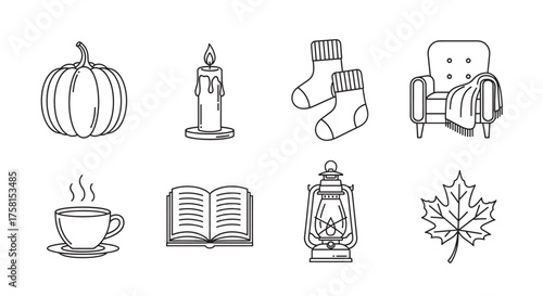 Black outline icons of a pumpkin, candle, socks, armchair, steaming cup, open book, lantern, and maple leaf, representing cozy autumn themes.