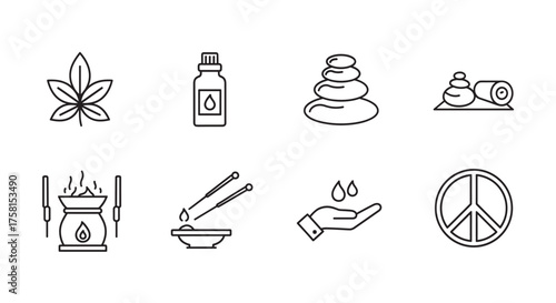 Black outline icons representing wellness elements including a leaf, oil bottle, stacked stones, spa items, aroma diffuser, incense sticks, hand with drops, and peace symbol.