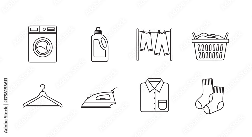 Fototapeta premium Simple black outline icons of a washing machine, detergent bottle, drying rack, laundry basket, hangers, iron, shirt, and socks.