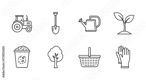 Black outline icons of gardening tools and symbols including a tractor, shovel, watering can, plant sprout, compost bin, tree, picnic basket, and gloves.