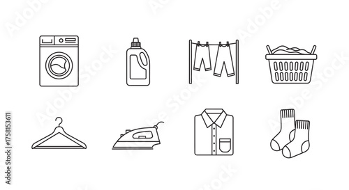 Simple black outline icons of a washing machine, detergent bottle, drying rack, laundry basket, hangers, iron, shirt, and socks.