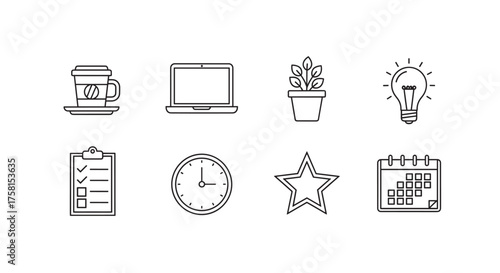 Black outline icons of a coffee mug, laptop, potted plant, light bulb, checklist, clock, star, and calendar, representing various office and productivity concepts.