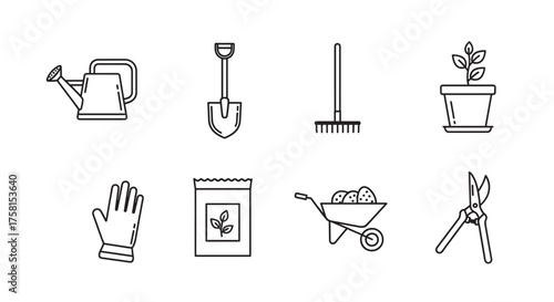 Black outline vector icons depicting various gardening tools, including a watering can, shovel, rake, potted plant, glove, seed bag, wheelbarrow, and pruning shears.