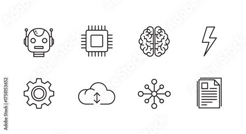 Eight minimalist black outline icons representing ai, a microchip, a brain, a lightning bolt, a gear, a cloud, a network, and a document.