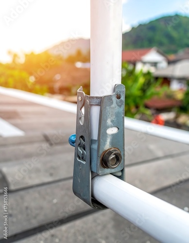 An angled shot of a metal bracket securing a white tube on a rooftop, with a sun-drenched background of nature