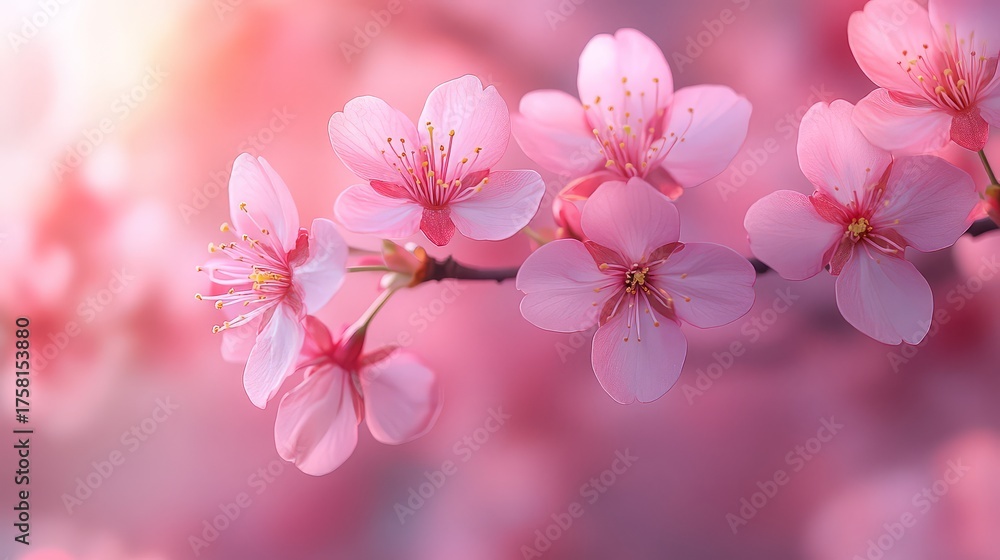 Obraz premium A close up of pink cherry blossoms on a branch with a soft pink background and a bright light source