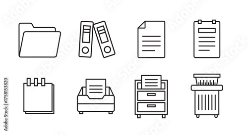 Black outline icons of office stationery including folder, binders, documents, clipboard, notepad, and paper shredder, illustrating organization and management tools.