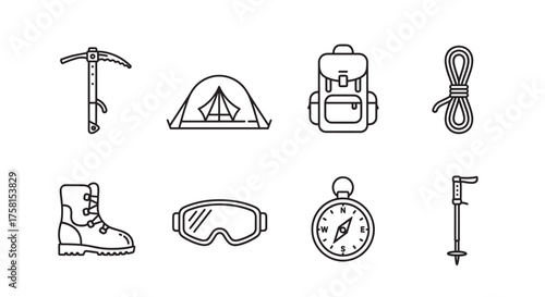 Black outline vector icons of essential camping gear, including an ice axe, tent, backpack, rope, boot, goggles, compass, and trekking pole.