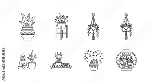 Black outline vector icons of various houseplants and decor including potted plants, hanging planters, and a buddha statue.