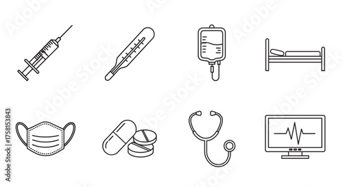 Black outline icons of medical equipment, including a syringe, thermometer, iv bag, hospital bed, mask, pills, stethoscope, and heart monitor screen.