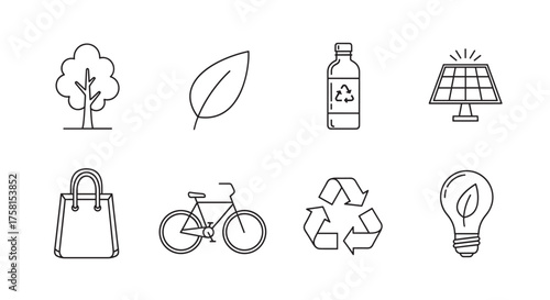 Black outline vector icons representing environmentally-friendly concepts, including a tree, leaf, recycling bottle, solar panel, eco bag, bicycle, recycle symbol, and light bulb.