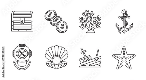Set of eight black outline icons depicting nautical and marine themes, including a treasure chest, coins, coral, anchor, diving helmet, shell, shipwreck, and starfish.