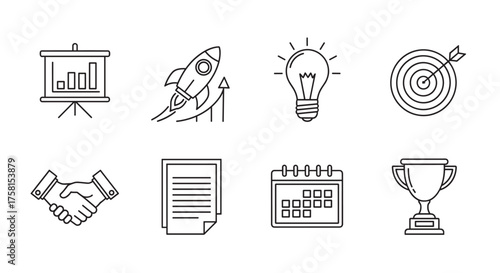 Eight minimalist icons representing business concepts including a graph on a presentation board, a rising rocket, a light bulb, a target, a handshake, documents, a calendar, and a trophy.
