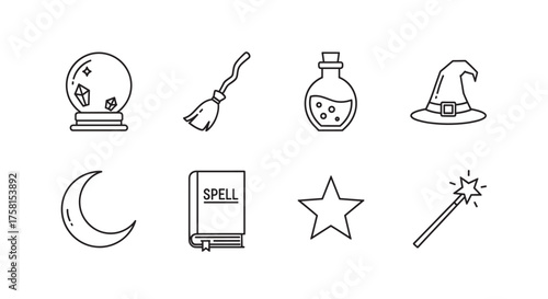 Black outline illustrations of various magical items including a crystal ball, broomstick, potion, witch hat, crescent moon, spell book, star, and magic wand.