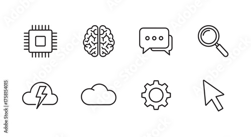 Set of eight black outline icons including a microchip, brain, speech bubble, magnifying glass, lightning cloud, cloud, gear, and cursor arrow.