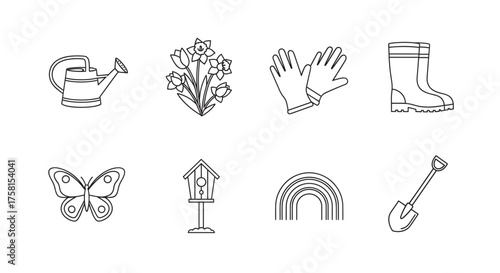 Set of eight black outline icons featuring a watering can, bouquet of flowers, gardening gloves, rubber boots, butterfly, birdhouse, rainbow, and shovel.