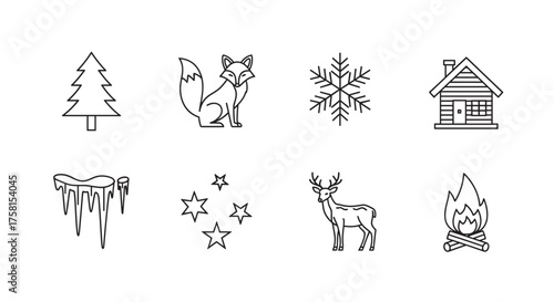 Black outline icons featuring a pine tree, fox, snowflake, log cabin, icicle, stars, deer, and campfire, representing various winter themes.