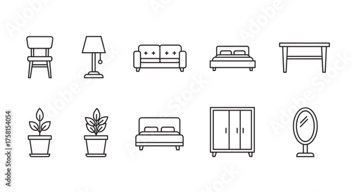 Minimalistic black outline icons of various furniture items including chair, lamp, sofa, beds, table, potted plants, wardrobe, and mirror for interior design concepts.