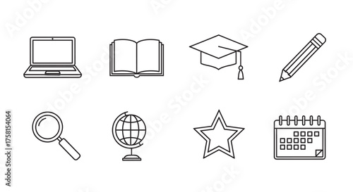 Black and white line art icons of a laptop, open book, graduation cap, pencil, magnifying glass, globe, star, and calendar.