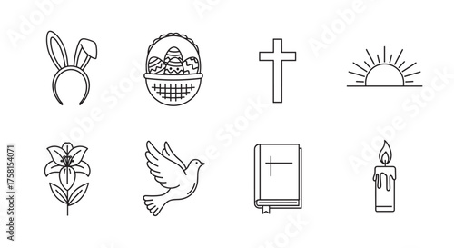 Black outline icons depicting a bunny ear headband, easter basket, cross, sunrise, lily, dove, bible, and candle, symbolizing various easter concepts.