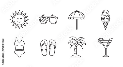Set of black outline icons featuring a sun with a smiley face, sunglasses, beach umbrella, ice cream, swimsuit, flip-flops, palm tree, and cocktail.
