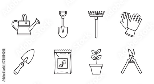 Black outline vector icons of essential gardening tools including a watering can, spade, rake, gloves, trowel, seed packet, potted plant, and pruning shears.