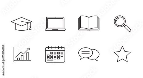 Set of eight black outline icons, including a graduation cap, laptop, open book, magnifying glass, chart, calendar, chat bubbles, and star.