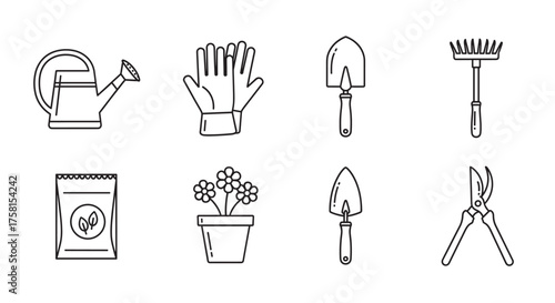 Black outline icons of gardening tools and items, including a watering can, gloves, trowels, rake, seed packet, flower pot, and pruning shears.