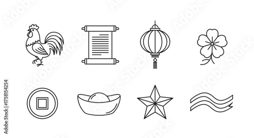 Black outline vector icons depicting a rooster, scroll, lantern, clover, coin, gold ingot, star, and wave, representing various chinese cultural symbols.