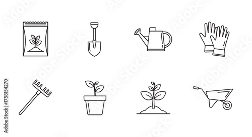Black outline icons depicting gardening tools and supplies including a seed packet, shovel, watering can, gloves, rake, potted plant, growing plant, and wheelbarrow.
