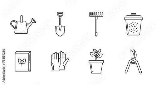 Black outline icons of gardening tools including a watering can, shovel, rake, compost bin, seed packet, gloves, potted plant, and pruning shears.