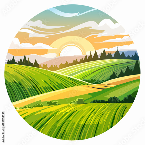 panorama of a beautiful, ecological farmland at sunrise