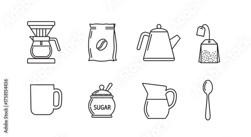 Black outline vector icons of various coffee and tea-related items, including a coffee dripper, kettle, tea bag, mug, sugar jar, milk jug, and spoon.