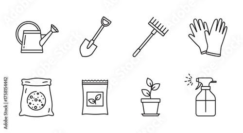 Black outline icons of gardening tools including a watering can, shovel, rake, gloves, fertilizer bag, seed packet, potted plant, and spray bottle.