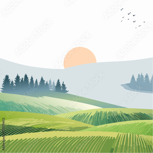 panorama of a beautiful, ecological farmland at sunrise