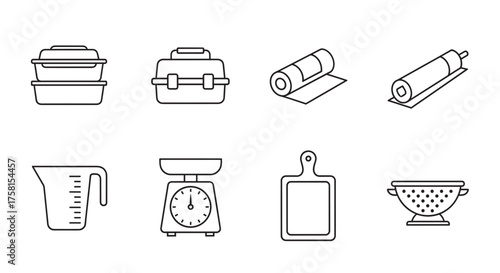 Black outline icons of kitchen utensils including food containers, rolling pins, measuring cup, kitchen scale, cutting board, and colander.