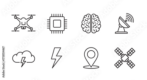 Black outline icons of a drone, microchip, brain, satellite dish, cloud with lightning, lightning bolt, location pin, and windmill on a white background.
