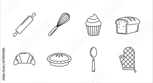 Black outline icons of baking tools and treats, including a rolling pin, whisk, cupcake, loaf of bread, croissant, pie, spoon, and oven mitt.