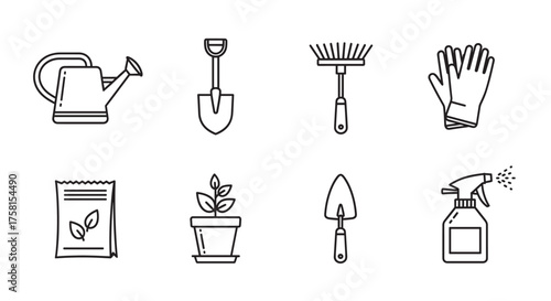 Black outline icons of gardening tools, including a watering can, shovel, rake, gloves, seed packet, potted plant, hand trowel, and spray bottle.
