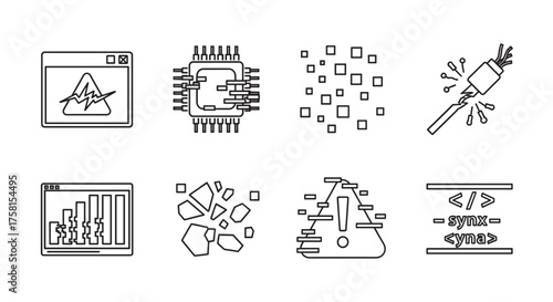 Eight black outline icons depicting software and technology concepts including graphics processing, data fragmentation, and code syntax representation.