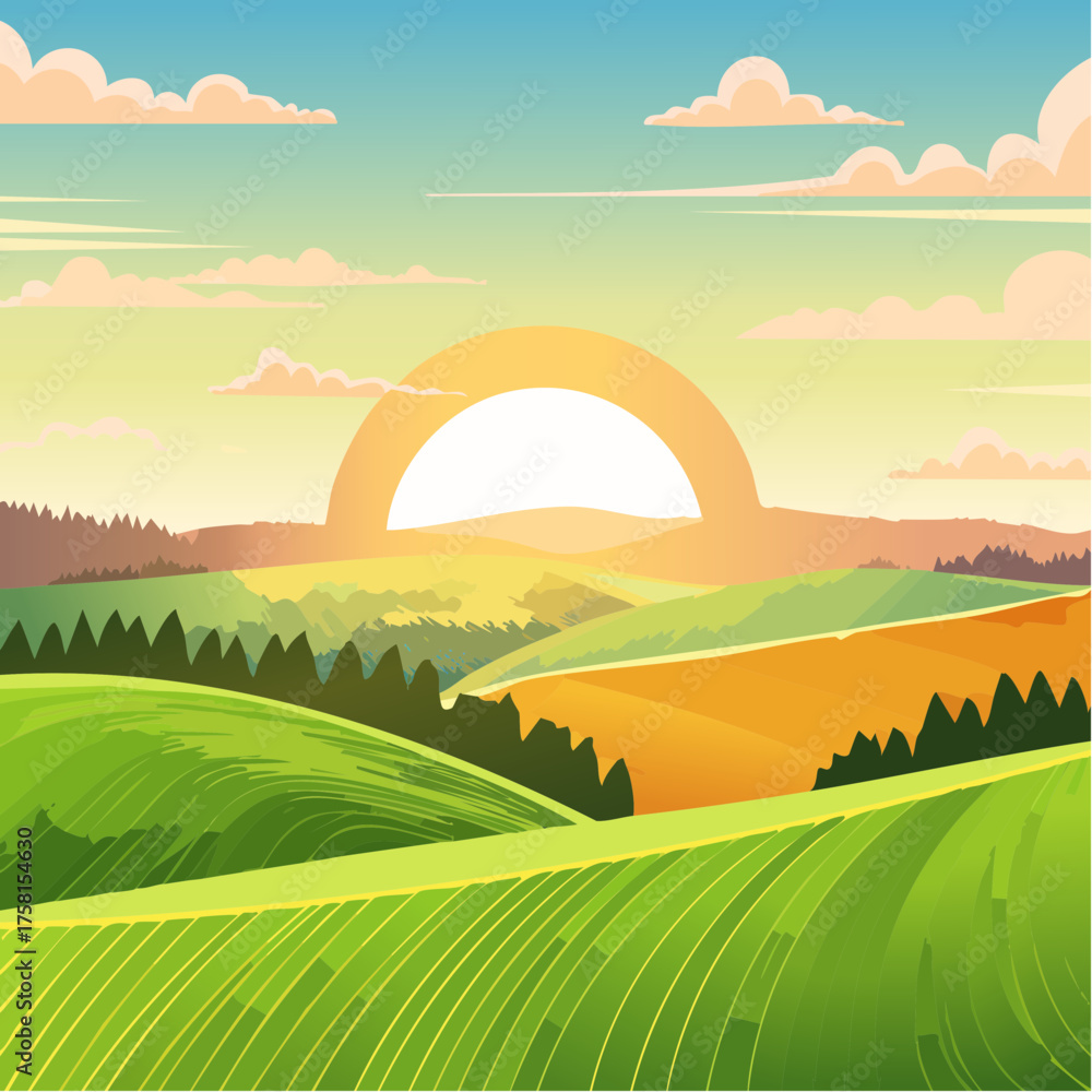 Obraz premium panorama of a beautiful, ecological farmland at sunrise
