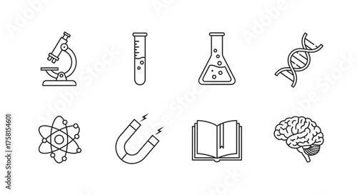 Black outline icons of a microscope, test tube, flask, dna strand, atom, magnet, open book, and brain, representing scientific and educational concepts.