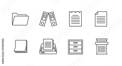 Simple black outline icons of office supplies including folder, binders, notepad, document, papers, printer tray, filing cabinet, and shredder.