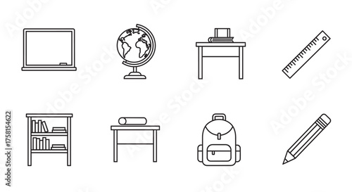 Eight black outline icons depicting school items, including a laptop, globe, books, desks, backpack, ruler, and pencil in a simple, minimal design.