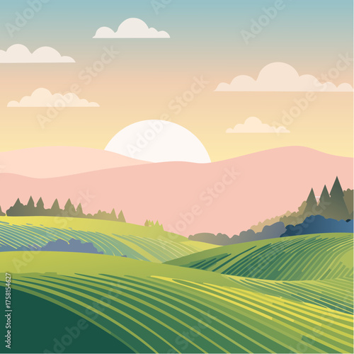 panorama of a beautiful, ecological farmland at sunrise